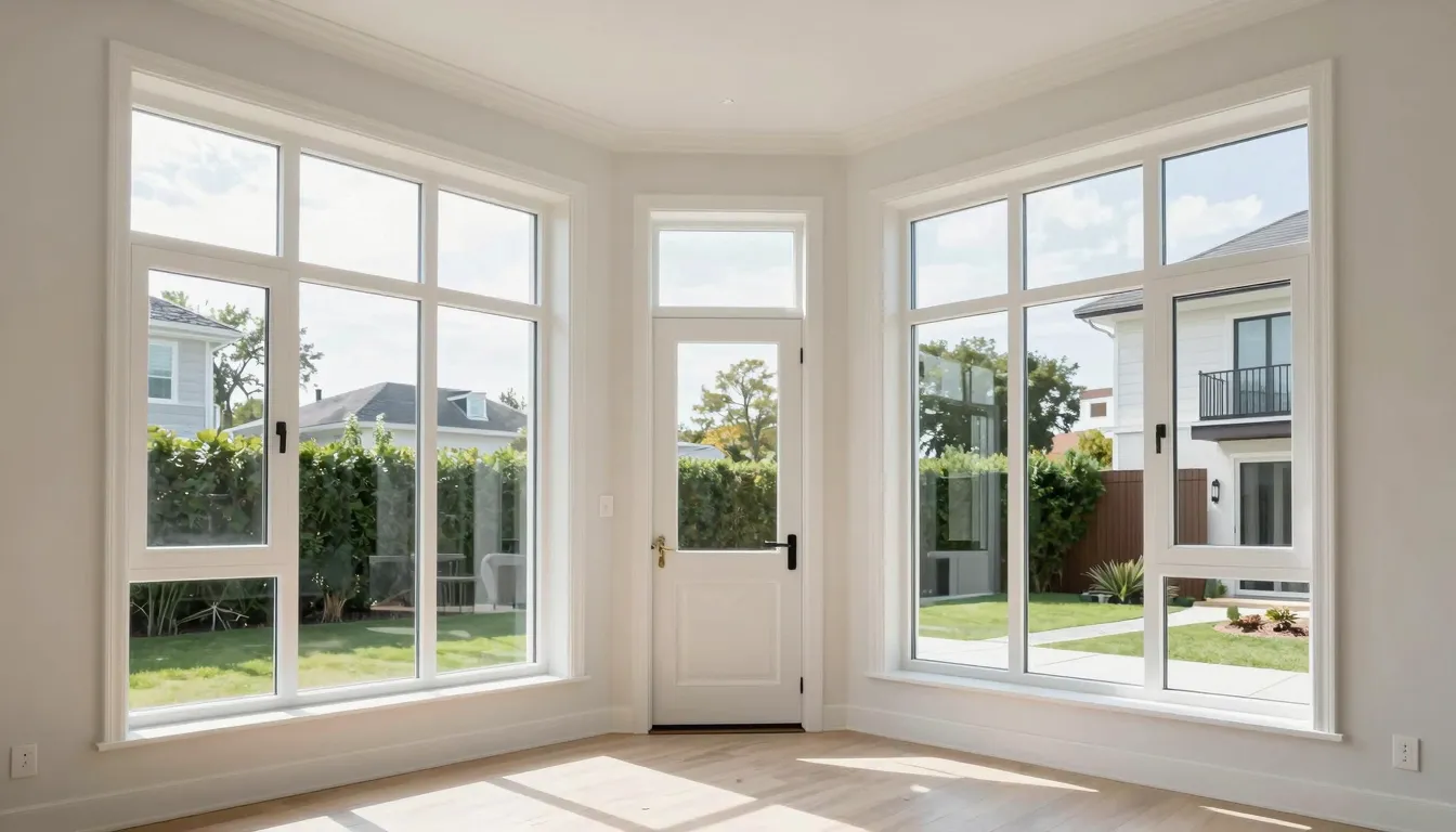 Modern bright residential interior with large panoramic white PVC windows and elegant front door, bright sunlight, clean architecture