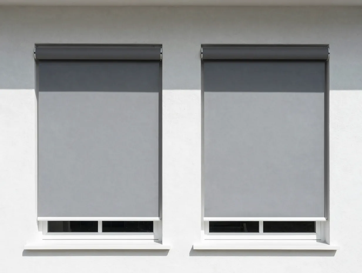 Modern grey external roller blinds on house windows, daylight, ,