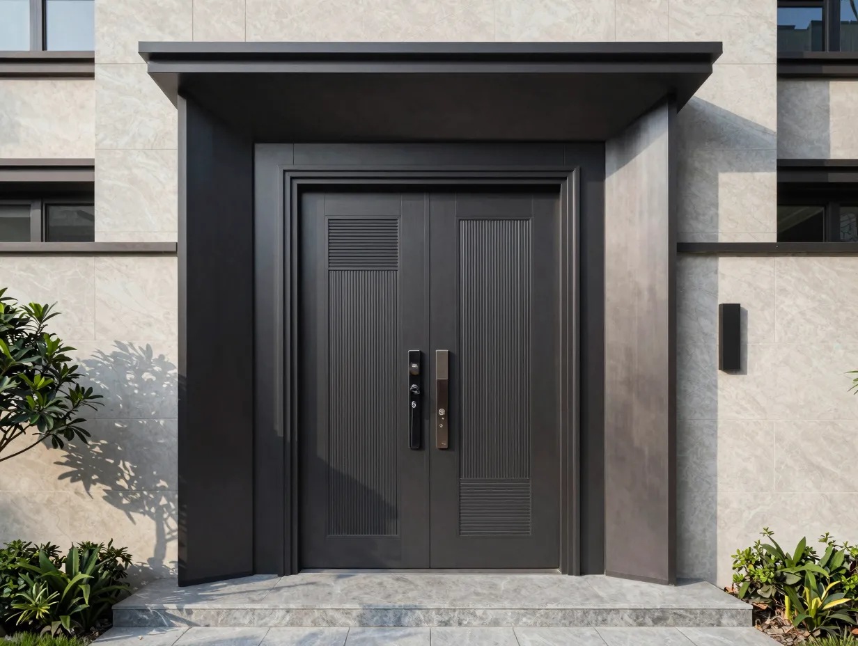 Luxury dark modern front entrance door of a residential building, architectural details,